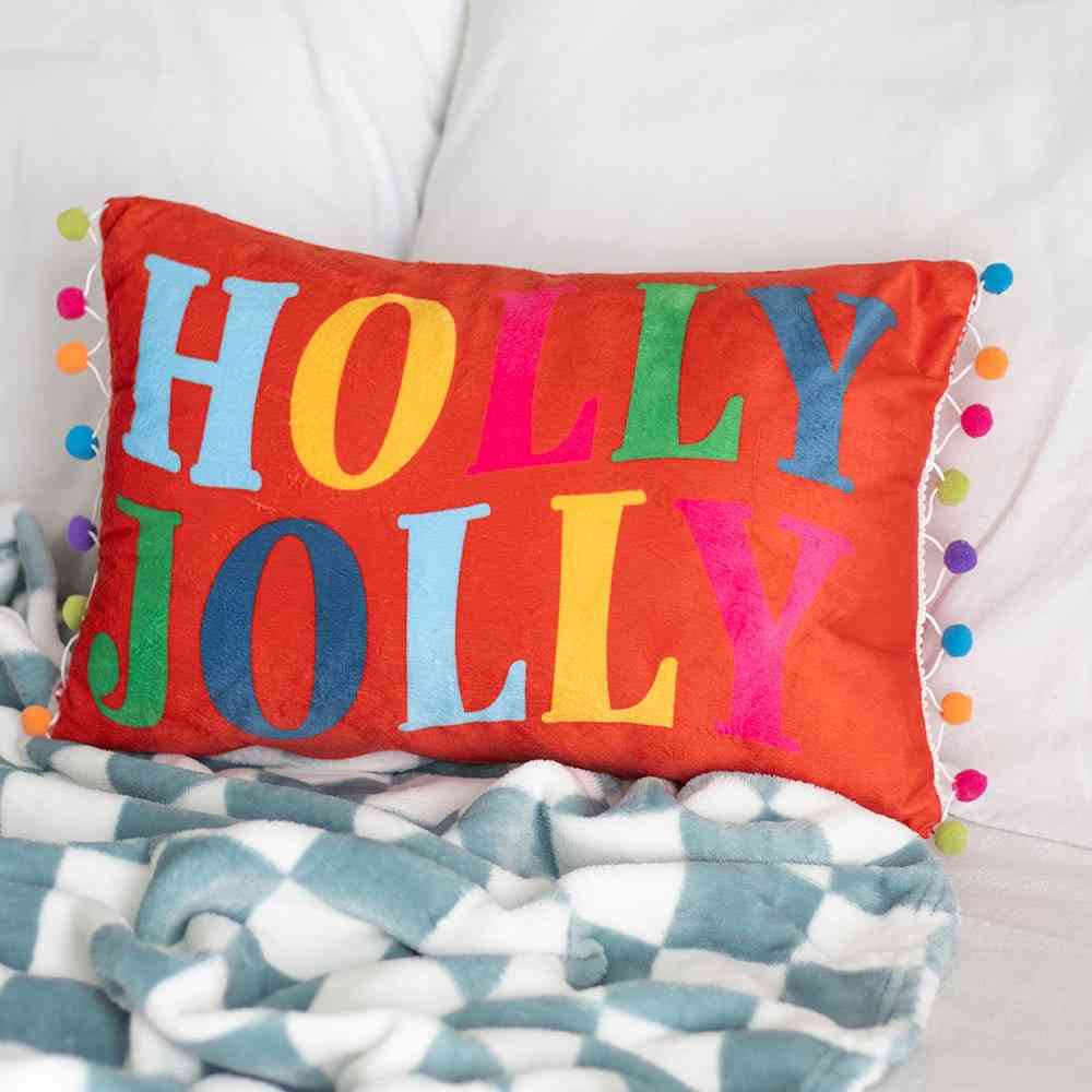 Something Different - Red Holly Jolly with Pom Poms Cushion - Multicolours